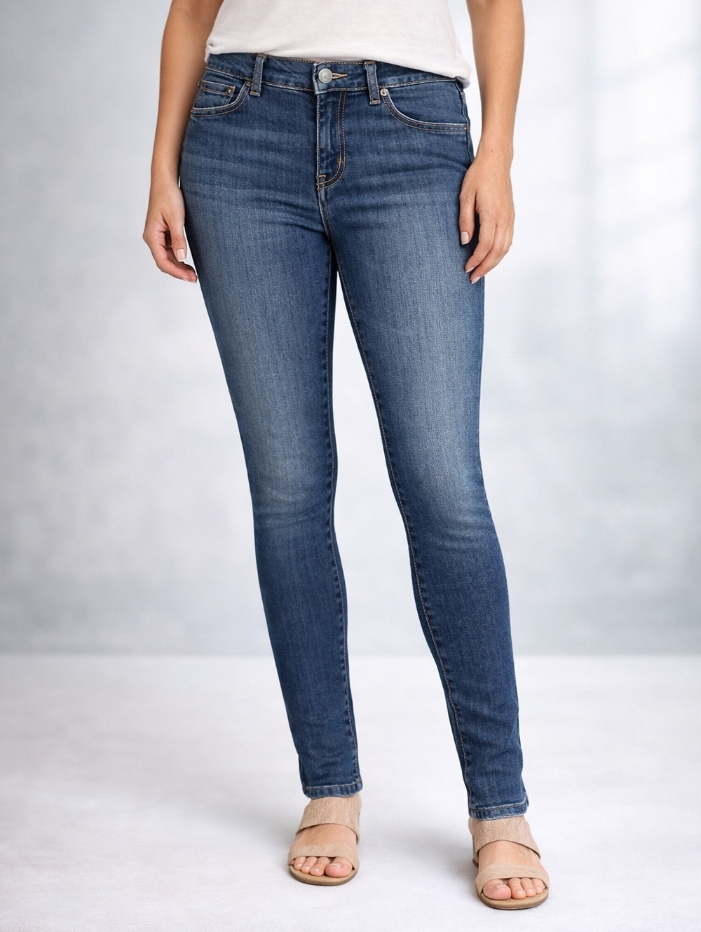 Womens Skinny Leg Blue Jeans Mid Rise Stretch Denim Classic Fit Faded Wash...